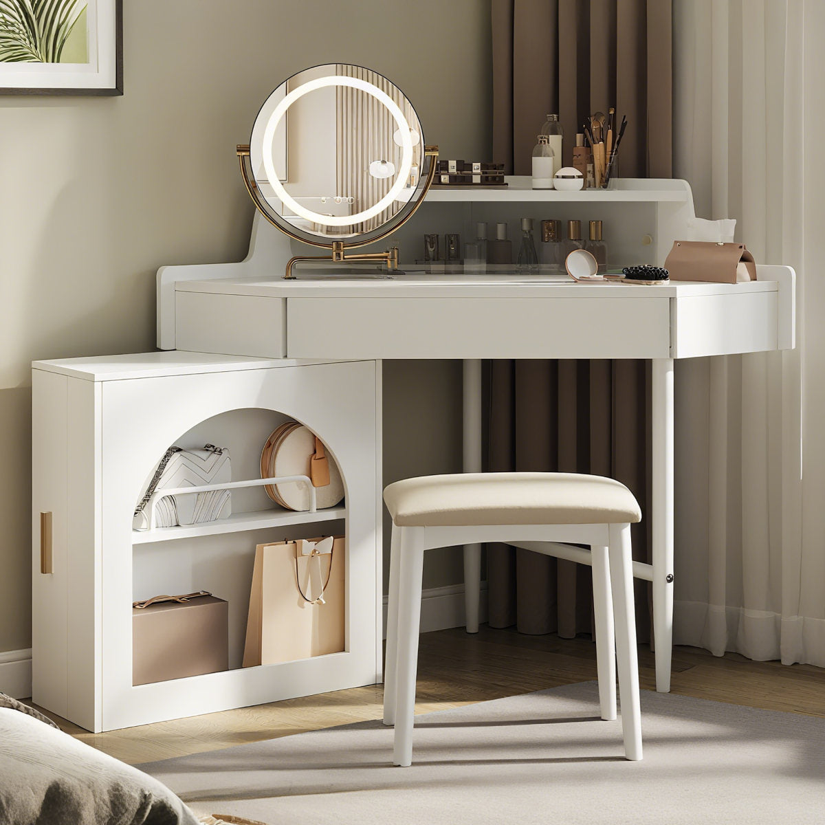 Corner Makeup Vanity Desk With Mirror & LED Lights, Modern Vanity Set With Mirror And Stool, Dressing Table With Large Storage For Small Place, Brightness Adjustable Folding Mirror, White