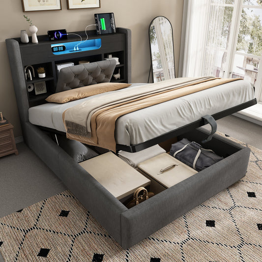 Sofa Bed 90x200cm With Hydraulic Headboard  LED Lighting, Bed Frame With USB-Type-C Charging Function, Headboard With Shelf  Storage, Linen Fabric, Grey  Without Mattress