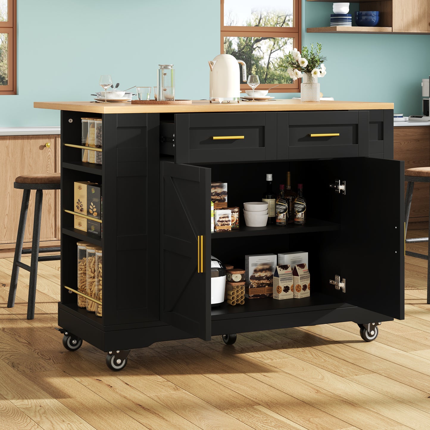 Modern Kitchen Island, Kitchen Cabinet, Buffet Cabinet, Wooden Grain Dining Cart, Buffet Cabinet, Multifunctional Dining Table With Storage Space, Dining Cart With Stretch Function Cabinets, Black