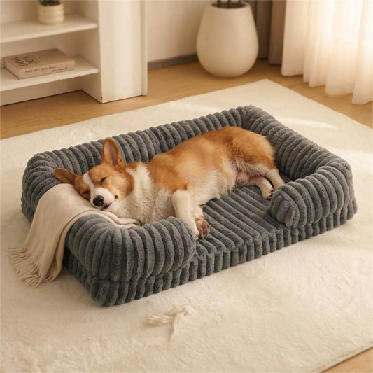 Bolster Dog Bed,Washable Thick Striped Plush Calming Dog Sofa Bed, Non-Slip Indoor Joint Relief Pet Bed For Small, Medium, And Large Breeds