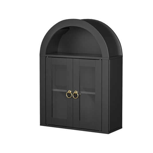 Wall Mounted Arched Cabinet With Glass Doors, Light And Adjustable Shelves For Laundry Room, Bathroom, Kitchen