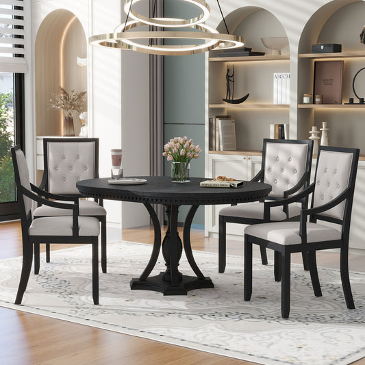 TREXM Retro 5-piece Dining Set Extendable Round Table And 4 Chairs For Kitchen Dining Room BLACK OAK