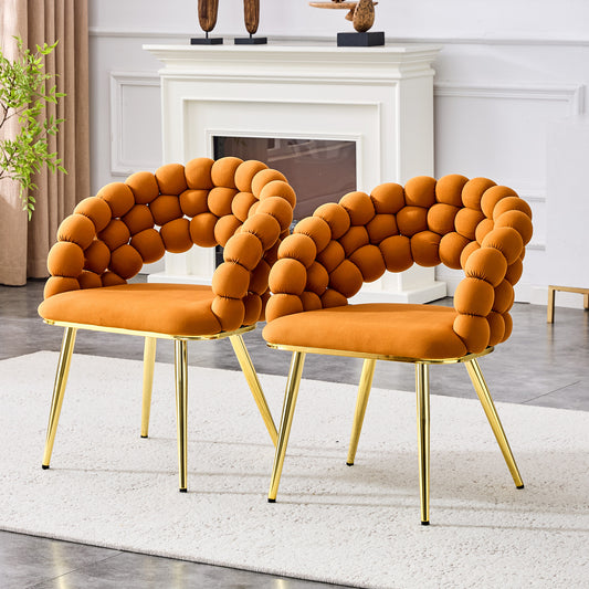 Set Of 2 Orange Puffy Bubble Chair Ball Chain Chair Velvet Dining Chairs With Gold Plated Legs, Modern Accent Chairs For Dining Room & Kitchen