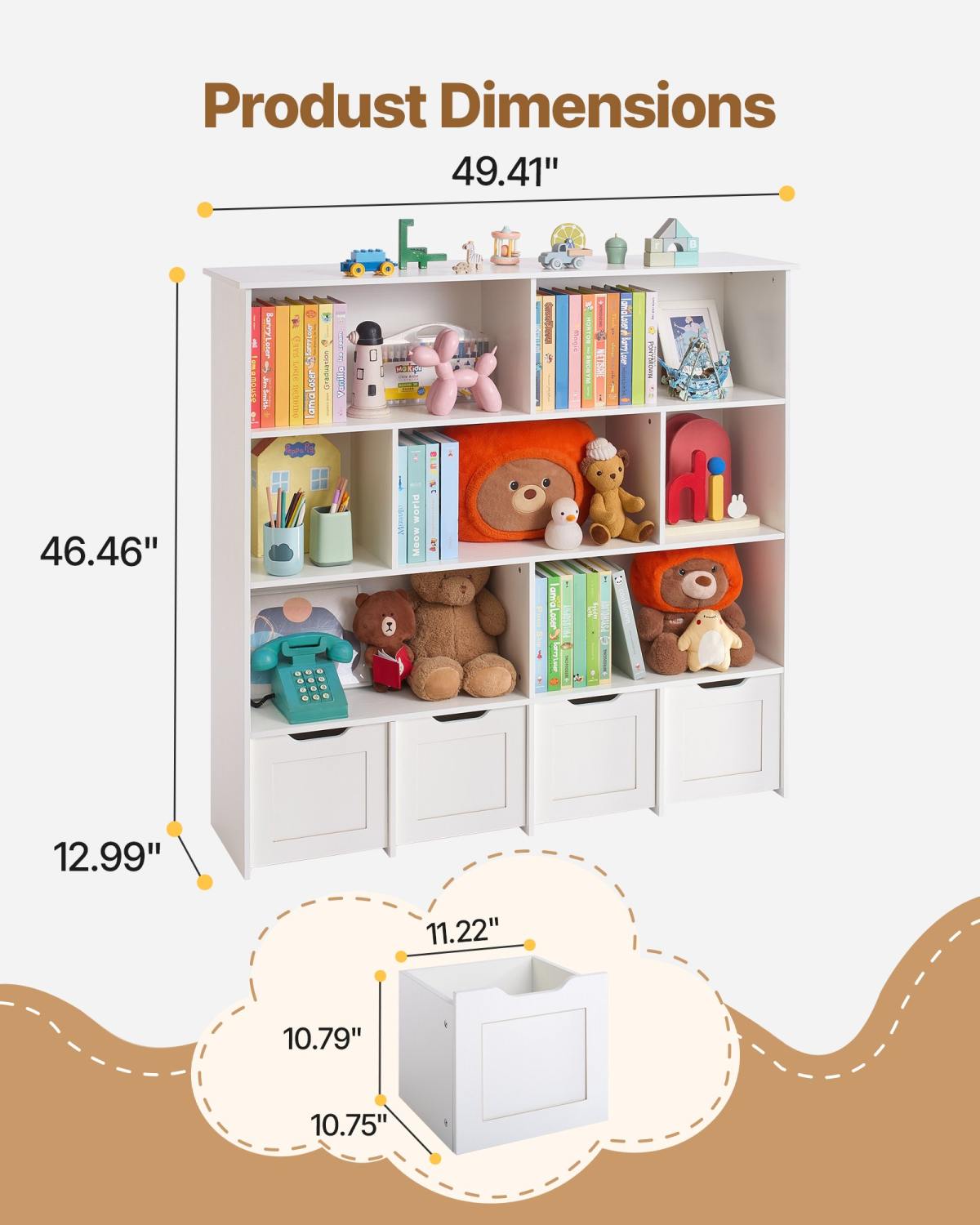 Toy Storage Organizer, Wooden Kids Bookshelf With Storage, Toy Storage Cabinet With 4 Mobile Drawers, Kids Storage Organizer For Bedroom, Nursery, Living Room, Entryway, Preschool, White