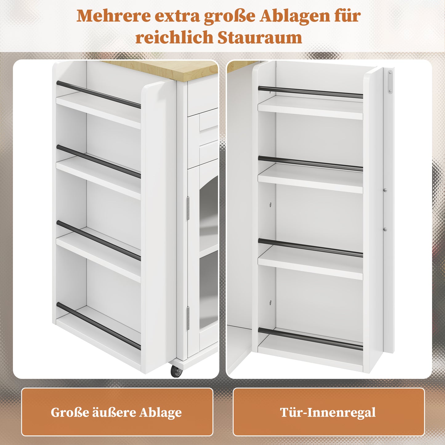Mobile Kitchen Island With Folding Work Area, Kitchen Trolley, 5 Wheels, Multiple Storage Solutions, Spice Rack, Cutlery Drawer, 120 X 45 X 90 Cm