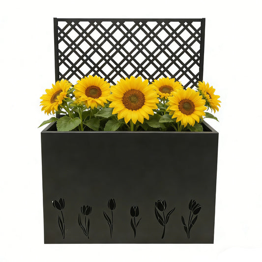 Tall Metal Planter Raised Garden Bed With Trellis 35.5in L X 11.9in W X 47.3in H - Large Flower Box Privacy Screen For Porch, Patio, Garden, Commercial Decor, Tulip Black