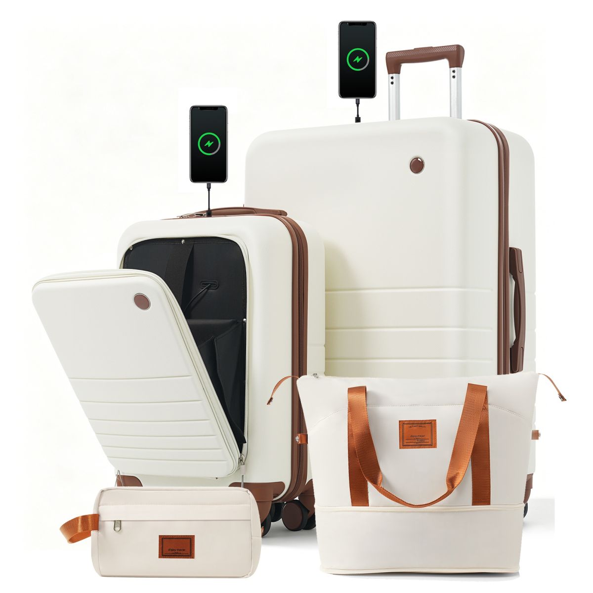 4-Piece Luggage Set with USB Charging Ports - 20in Carry-On (Front-Opening for Laptop) 28in Checked Suitcase with TSA Lock Travel Duffel Bag Wet-Dry Toiletry Bag, ivory and brown