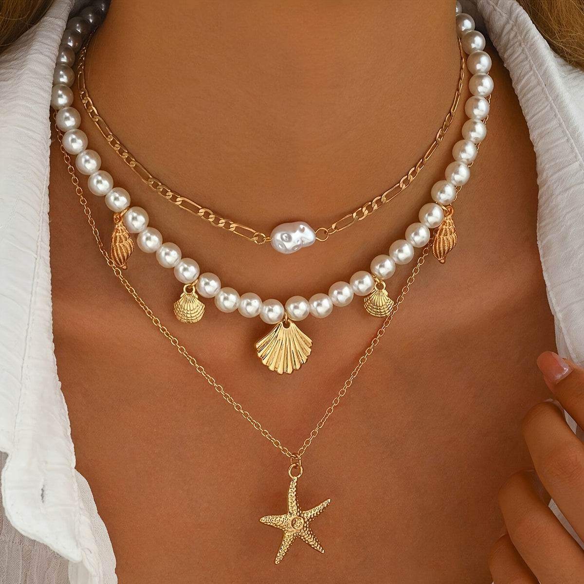 European And American Style Multi-Layered Pearl And Starfish Shell Necklace For Women, Beach Vacation Style Clavicle Chain, Fashionable And Versatile Neck Accessory