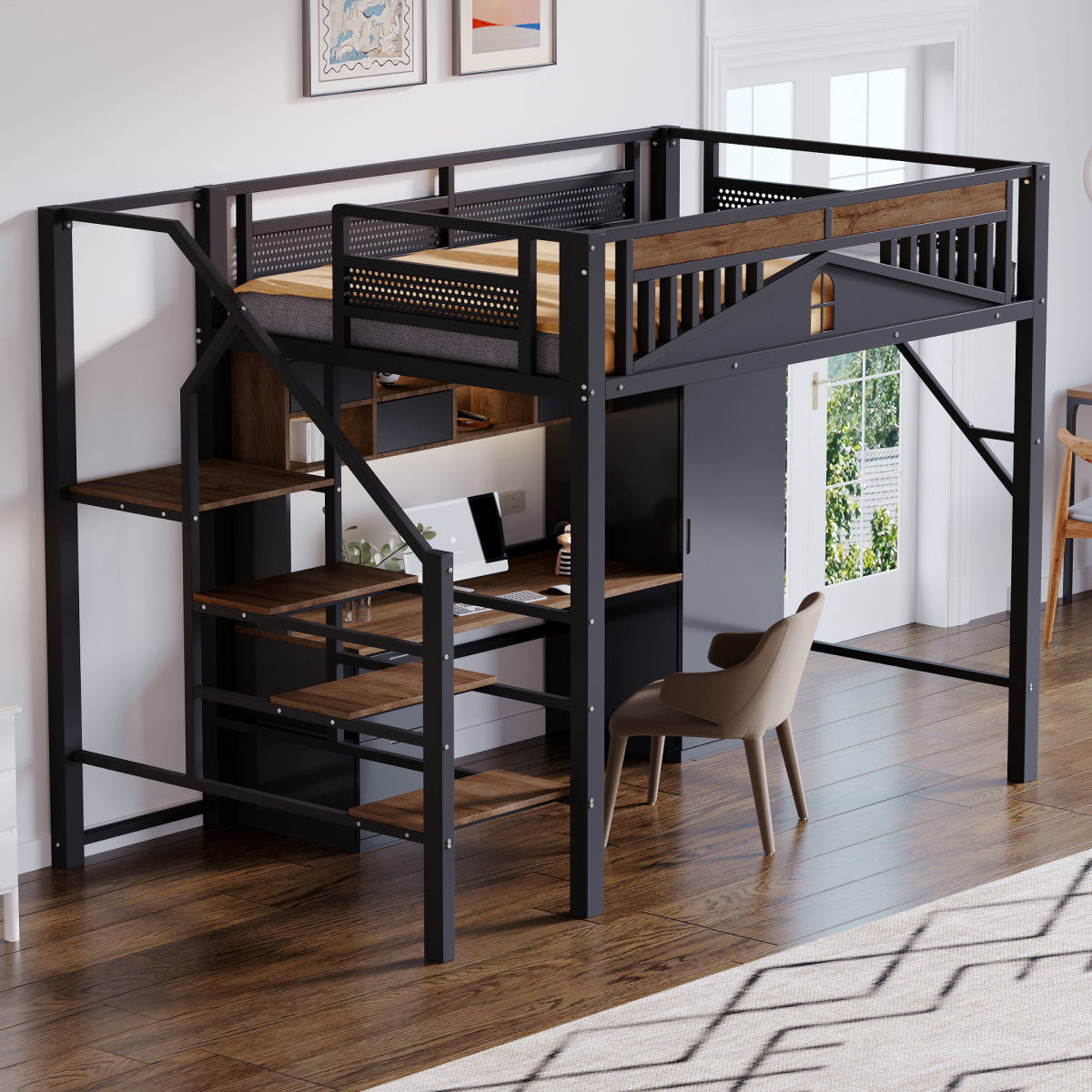 Metal Loft Bed 140 X 200 Cm, Unique Housing Shape With Window Design, With Safety Ladder, Plenty Of Storage Space Under The Bed, Black