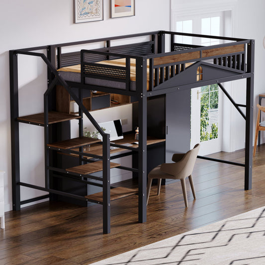 Metal Loft Bed 140 X 200 Cm, Unique Housing Shape With Window Design, With Safety Ladder, Plenty Of Storage Space Under The Bed, Black