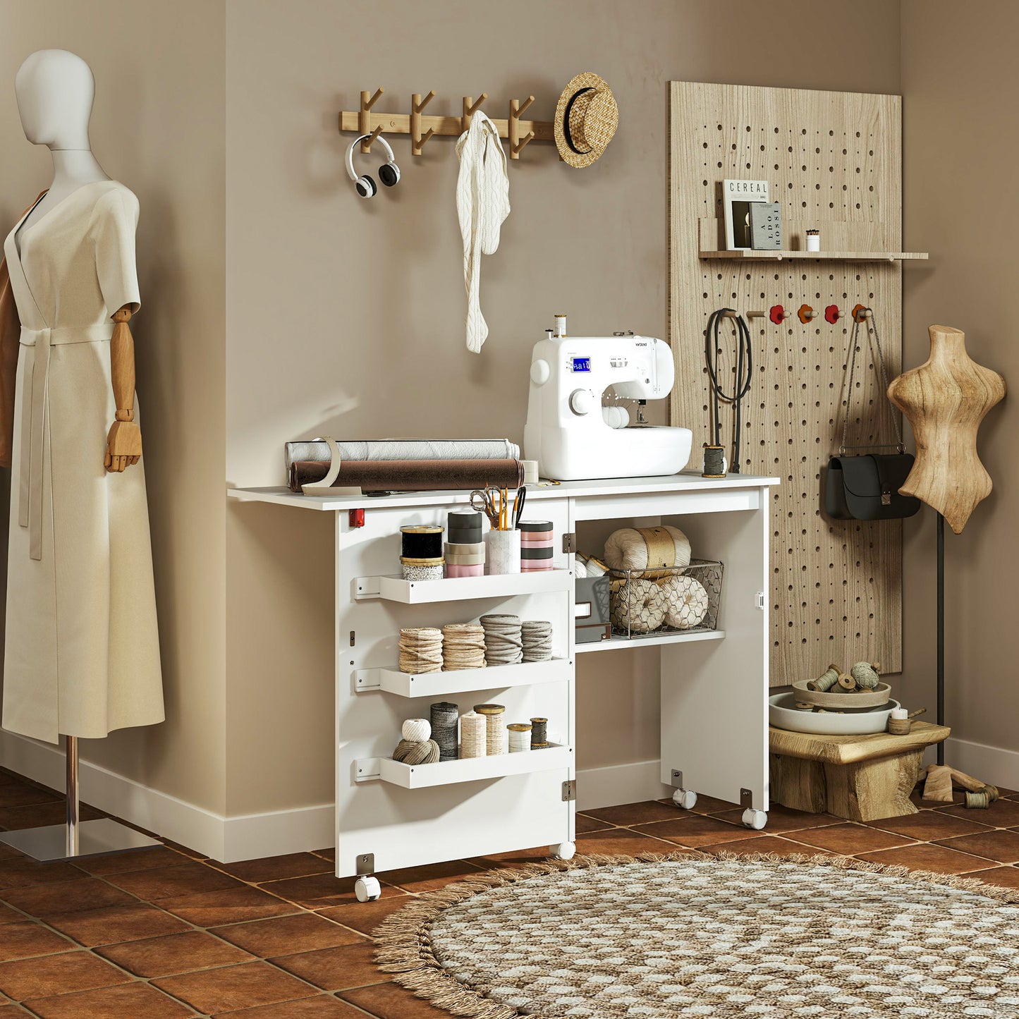 Folding Sewing Table, Drop Leaf Craft Table With Storage Bins, Open Shelf And Wheels, Rolling Sewing Machine Cabinet Computer Desk For Small Space, White