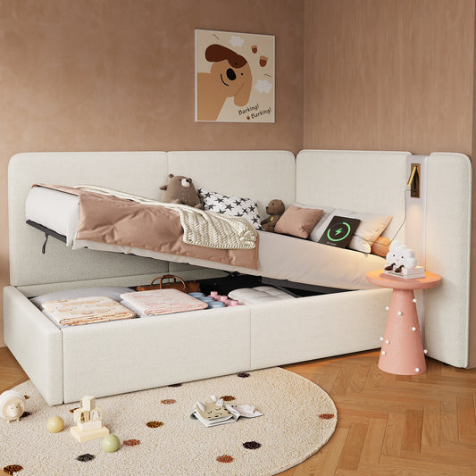 Daybed,  3FT Single Bed 90X190cm, L-shaped Upholstered With Storage, Sofa Bed, Hydraulic Bed With USB Charging Port And Reading Lamp, Beige Boucl