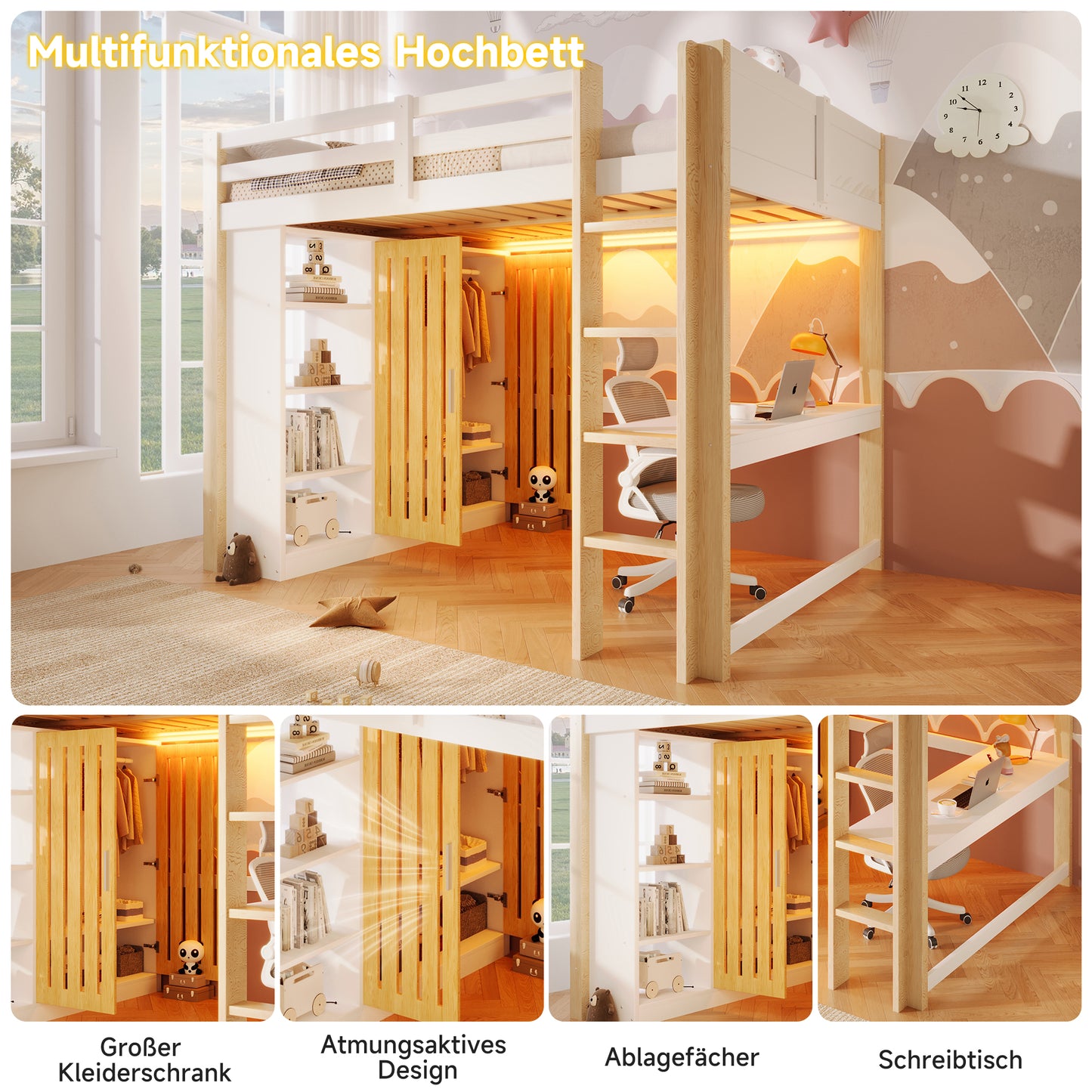 Loft Bed, 140x200cm, With LED Lights, Wardrobe, Shelf, Desk, Without Mattress, White Natural