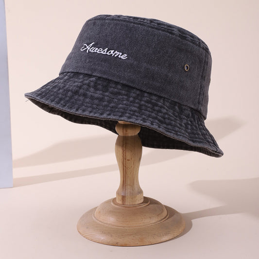 Solid-color Artistic Font Embroidered Washed Denim Casual And Versatile Wide-brimmed Fisherman Hat Suitable For Outdoor Activities And Fishing