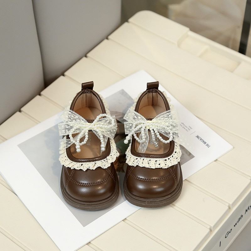 2026 Spring New Korean Style Girls Leather Shoes, Fashion Kids Princess Shoes With Bow, Lace & Pearl Trim For Little Girls
