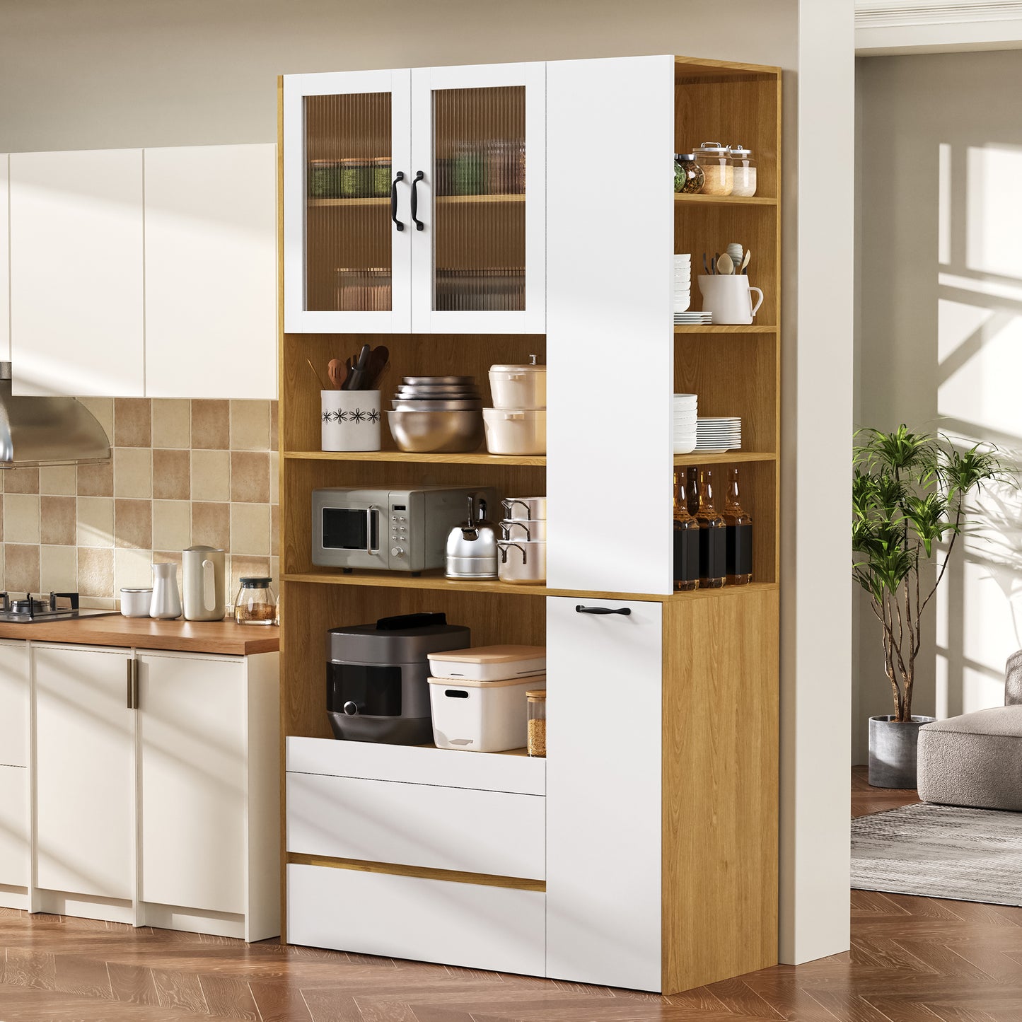 Highboard With Adjustable Shelves And Drawers, Buffet Cabinet With Pull-out Shelves And Checker Glass, Ideal For Dining Room, Living Room And Kitchen  White Natural