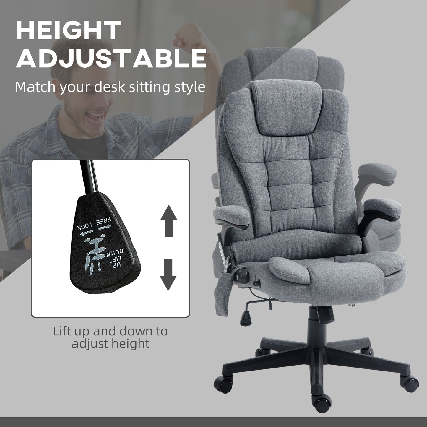 6 Point Vibrating Massage Office Chair with Heat, Linen High Back Massage Desk Chair with Reclining Backrest, Gray