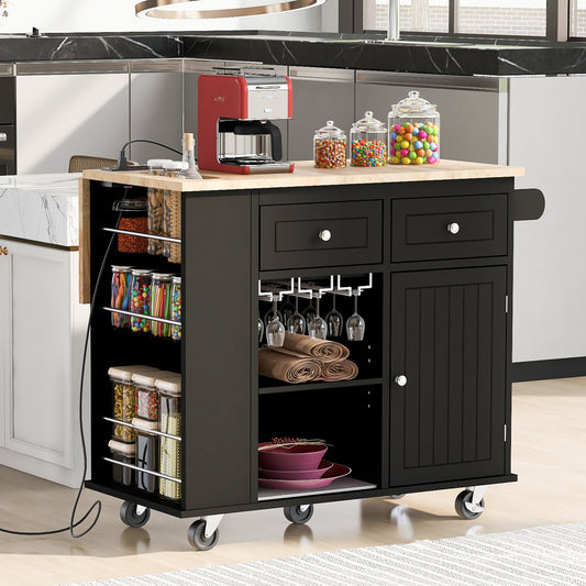 Kitchen Island With Power Outlet,Kitchen Storage Island With Drop Leaf And Rubber Wood,Open Storage And Wine Rack,5 Wheels,with Adjustable Storage For Home, Kitchen, And Dining Room, Black