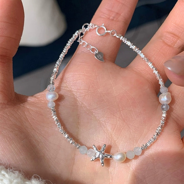 1 Piece 999 Sterling Silver Starfish Freshwater Pearl & Chip Bead Bracelet, Fresh & Elegant, Perfect For Daily, Dating & Gifting, Ideal Valentine's Gift
