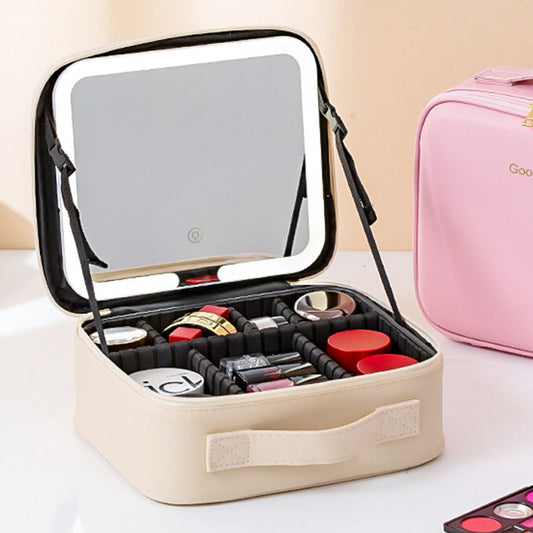 Makeup Bag With Mirror And Light Rechargeable PU Leather Travel Storage Box