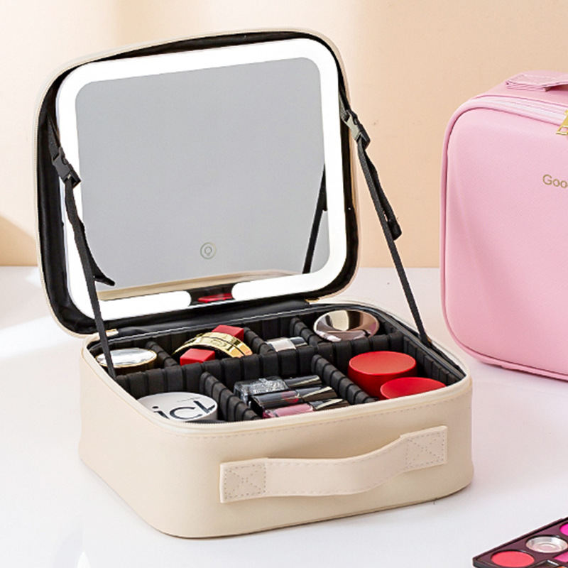 Makeup Bag With Mirror And Light Rechargeable PU Leather Travel Storage Box