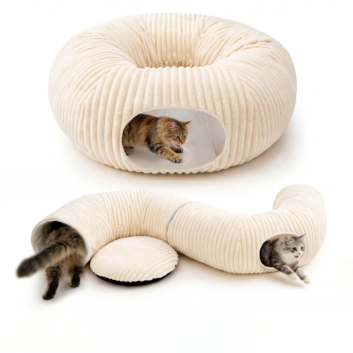Cat Tunnel Bed With  Interactive Cat Toys, Cat Tube With Kitten Toys For Indoor Kittens, Collapsible Play Tunnel, White