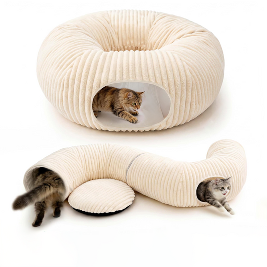 Cat Tunnel Bed With  Interactive Cat Toys, Cat Tube With Kitten Toys For Indoor Kittens, Collapsible Play Tunnel, White