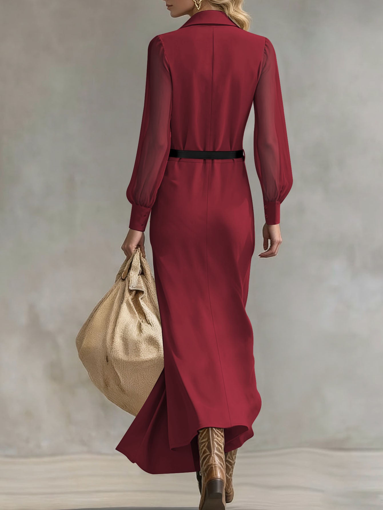 Women's Collared Neck Sheer Puff Sleeve Button Front Belted Maxi Shirt Dress Elegant Office Wear Maxi Dress