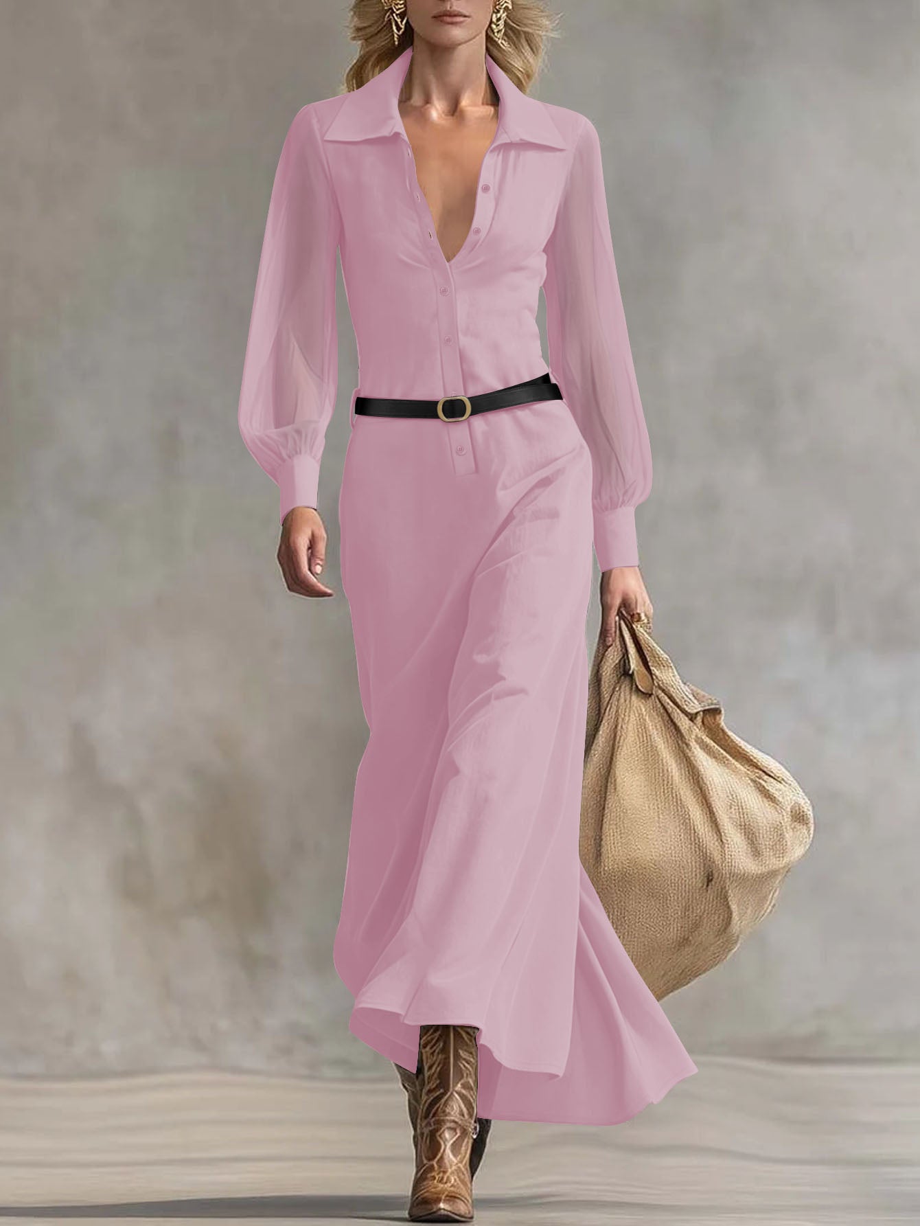 Women's Collared Neck Sheer Puff Sleeve Button Front Belted Maxi Shirt Dress Elegant Office Wear Maxi Dress