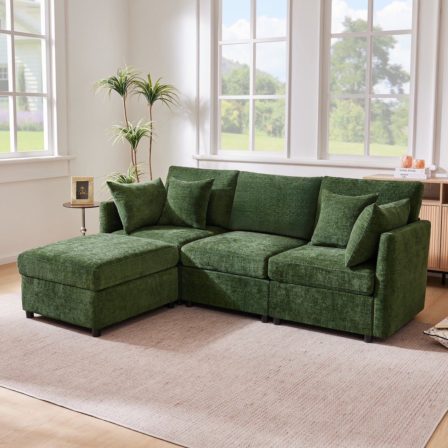 L-shaped Corner Sofa, Convertible To 3-seater, Modular Design, With Movable Footstool And 4 Chenille Cushions, Ideal For Living Room, Apartment And Office, Green, With Video