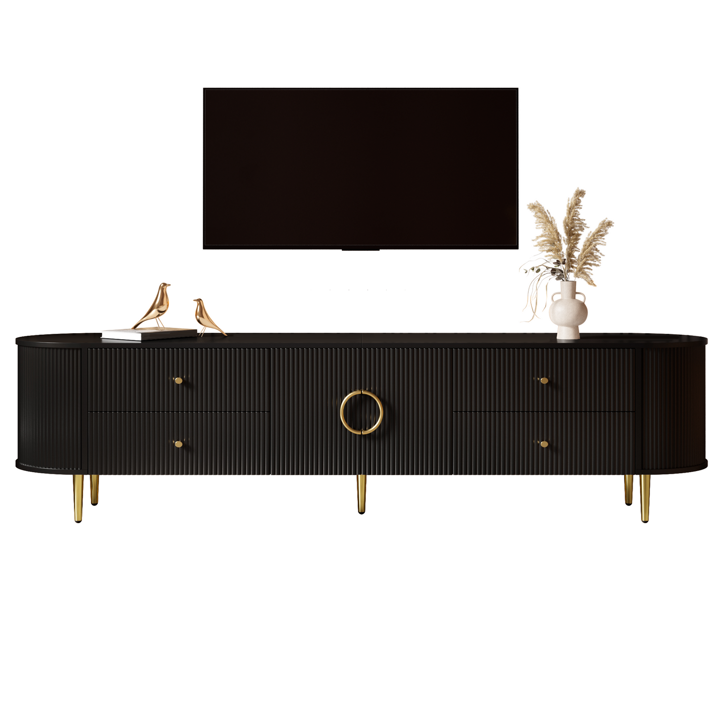 TV Cabinet, Lowboard, Three-dimensional Wave Structure, Rounded Edges, MDF Body, Aluminium Handles, Iron Feet, Fixed Shelf, Cable Outlet, Living Room