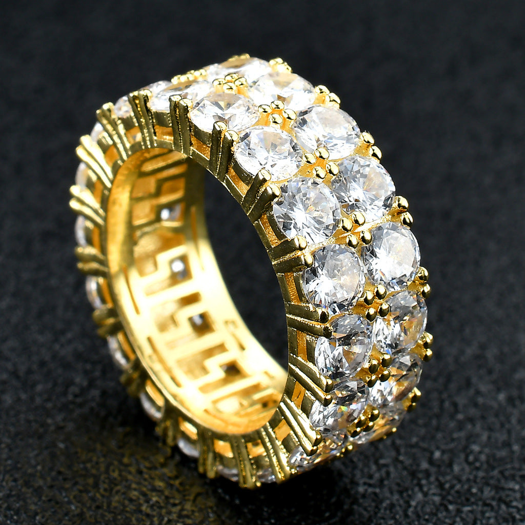 Hip-Hop Ring Cross-Border European And American Trendy Brand Men's Hip-Hop Ring Micro-Paved Zircon Double Row Zircon Ring Ring Accessories