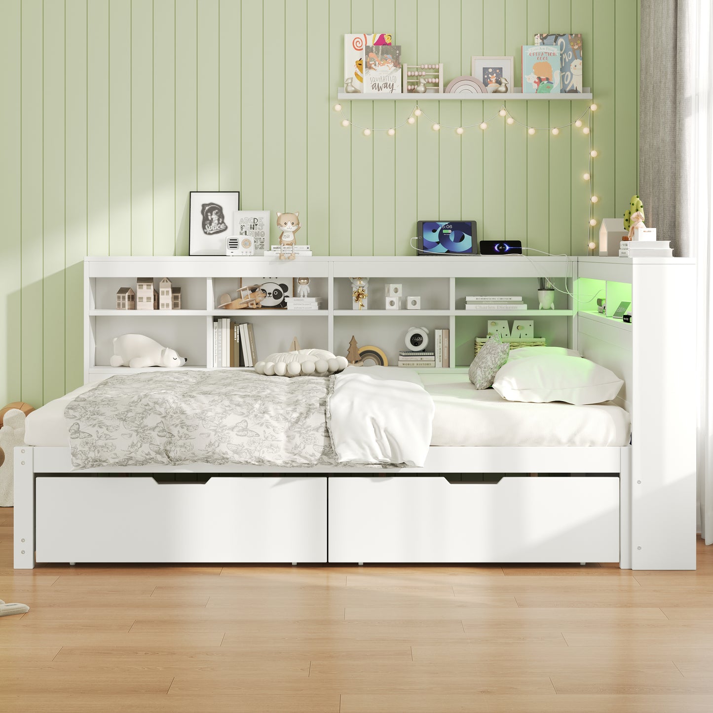 4ft6 Double Daybed With Two Storage Drawers And Beside Storage, LED Modern Bed Frame With Charging Station, Wood Bed For Living Room Bedroom Study Room, 135X190cm, Easy Assembly, White  No Mattress