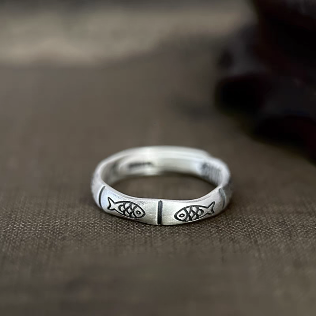 1pc 999 Sterling Silver Koi Fish & Bamboo Open Ring, Retro Lucky Style, Perfect For Daily Wear & Exam Valentine's Gift