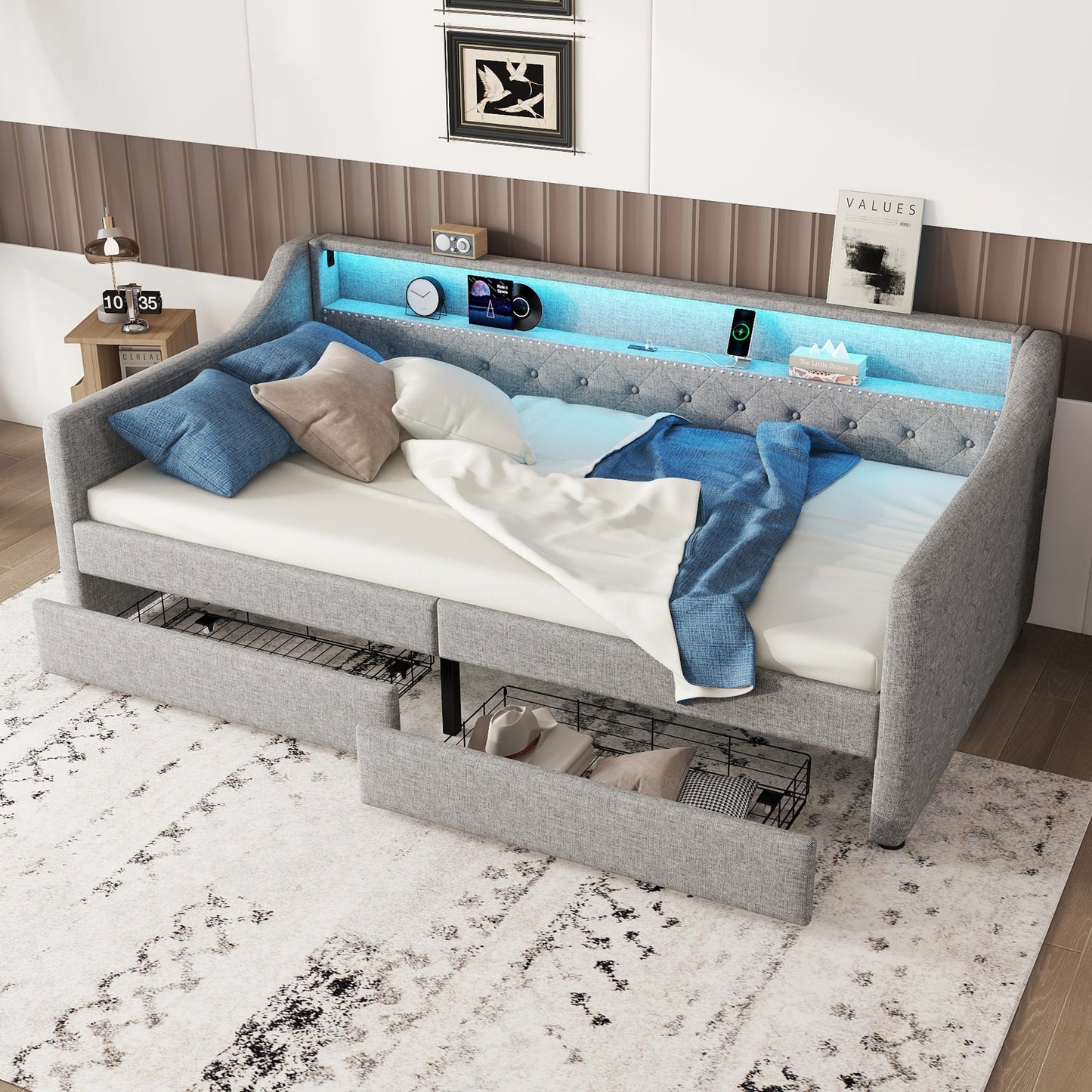 Daybed, 90 X 200cm, Sofa Bed, Daybed With Slatted Base  Without Mattress , Ambient Light With Remote Control, Bed With Two Drawers, USB Charging Socket, Linen, Grey
