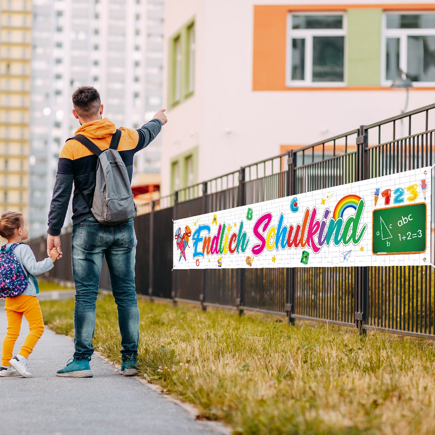 “Finally A First-Grader” Banner—Large-Format Decorative Banner For First-Day-of-School Celebrations—Party Supplies Set