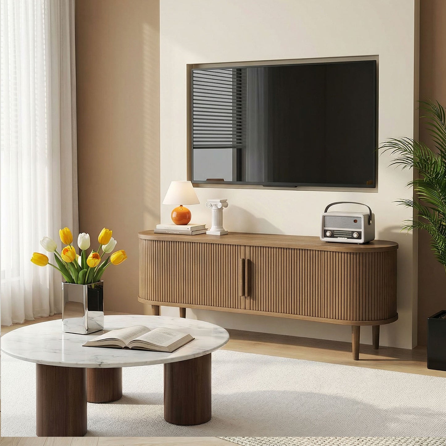 63in Fluted TV Stand Modern Media Console Table Entertainment Center With Sliding Door And Solid Wood Legs For Living Room Bedroom Office