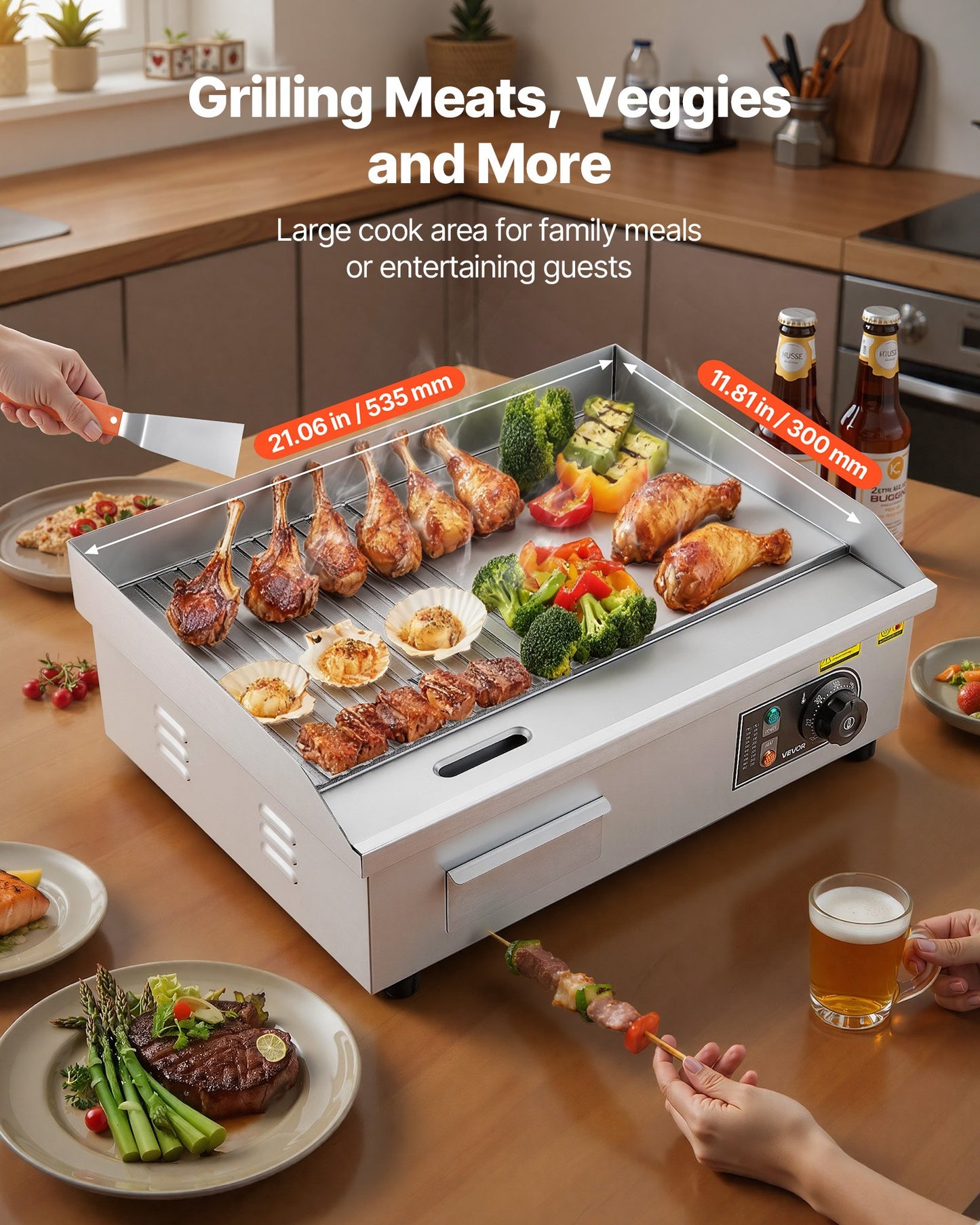 Commercial Electric Griddle, 21.06 X 11.81 Inch, 1750W, 122-570°F Adjustable Temp Control, Stainless Steel Body, Half Grooved Half Flat, With 2 Spatulas, 2 Brushes, And 4 Foot Pads, For Steak