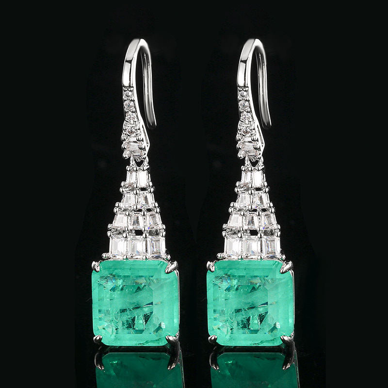 Minimalist Light Luxury Drop Hook Earrings For Women, Square Cut Emerald Tone Simulated Zirconia Paved Rhinestone Silver Tone Long Dangle Ear Jewelry Elegant Daily Party Accessories