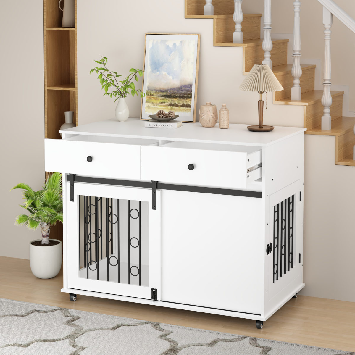 39.37 Modern Wooden Dog Crate Furniture With Double Drawers And Sliding Barn Door, Decorative Pet Kennel End Table With Lockable Wheels, Stylish Dog Cage For Small To Medium Dogs  White