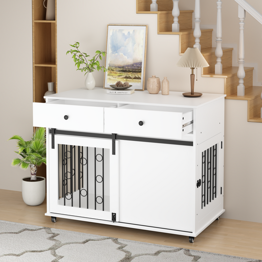 39.37 Modern Wooden Dog Crate Furniture With Double Drawers And Sliding Barn Door, Decorative Pet Kennel End Table With Lockable Wheels, Stylish Dog Cage For Small To Medium Dogs  White