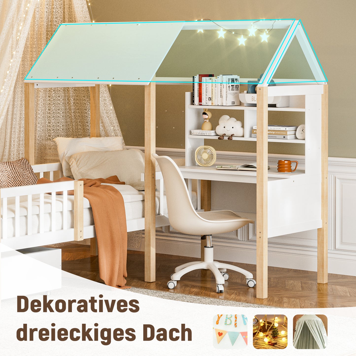Old SKU W2845S00049  90 X 200 Cm Children's Bed With Fall-out Protection And Slatted Frame, L-shaped Desk And Bookcase, Drawers With Wheels, Multifunctional House Bed Made Of Solid Wood, White