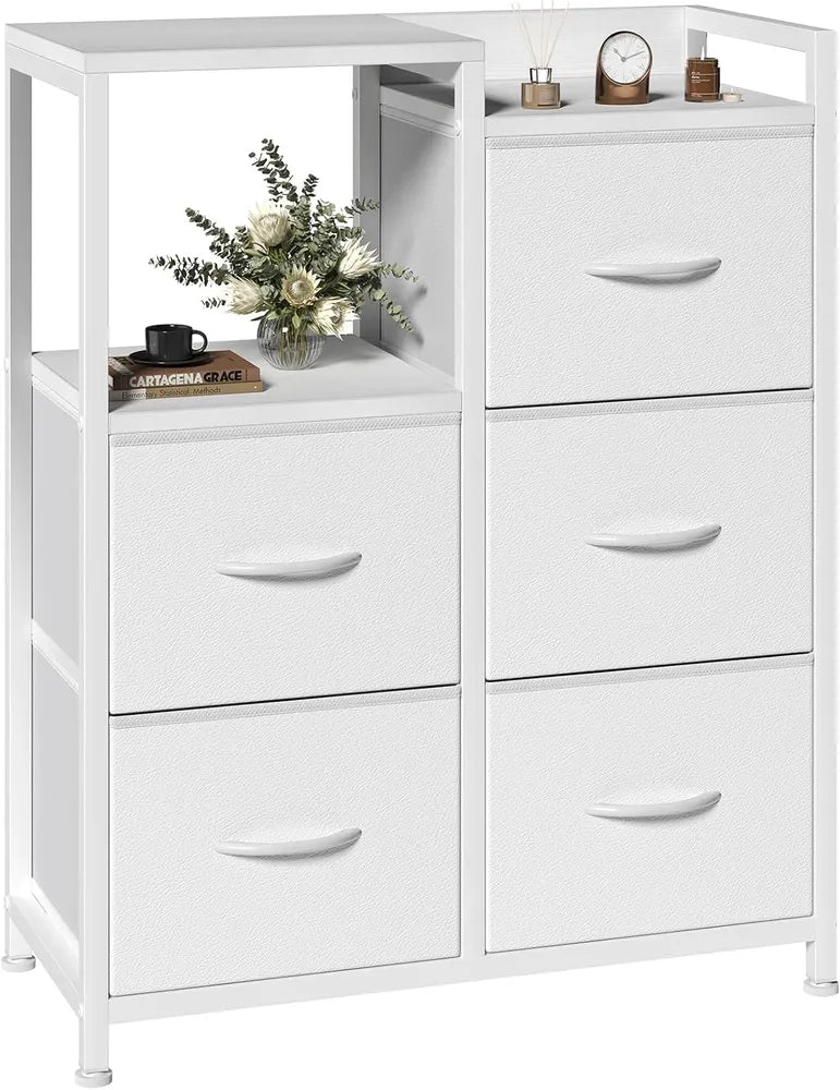 5 Drawer White Dressers For Bedroom 2 Tier Shelf Shelf Small Fabric Dresser For Closet Sturdy Metal Frame Modern Style Storage Cabinets Organization Units For Hallway Rooms
