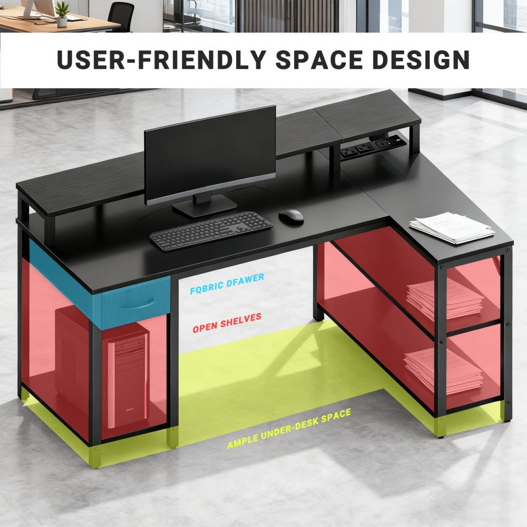 53-inch Gaming Table With USB Charging Port And LED Light, Reversible L-shaped Table With Power Socket And Monitor Stand