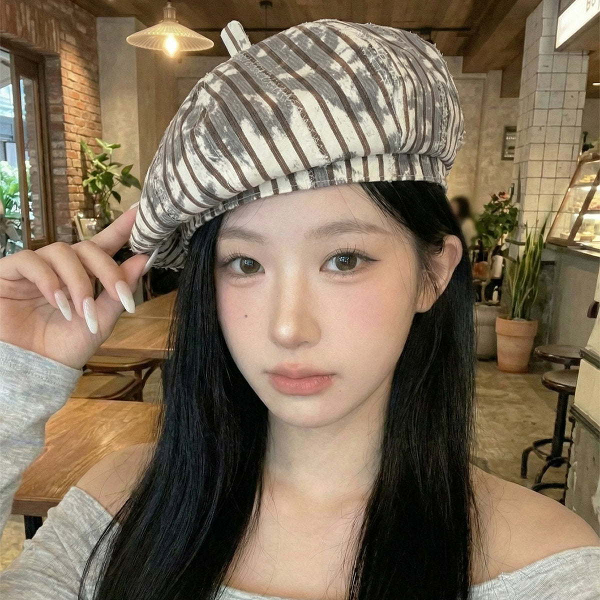 Retro Fashion Water-washed Distressed Octagonal Brimmed Beret With Faded Vertical Stripes - A Versatile Casual Hat For All Occasions