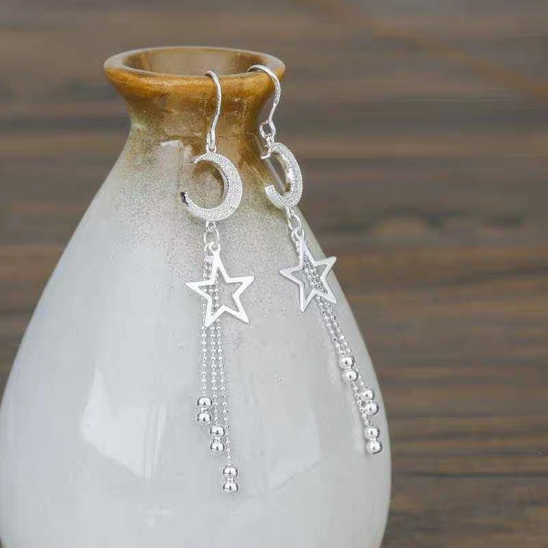 1 Pair 999 Sterling Silver Moon & Star Long Tassel Earrings, Shiny & Elegant, Perfect For Daily, Party & Dating, Ideal Valentine's Gift