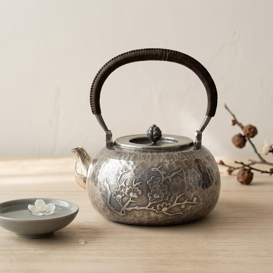 925 Sterling Silver Exquisite Antique Style Silver Tea Kettle with Plum Blossom Motifs and Rattan Handle - Handicraft