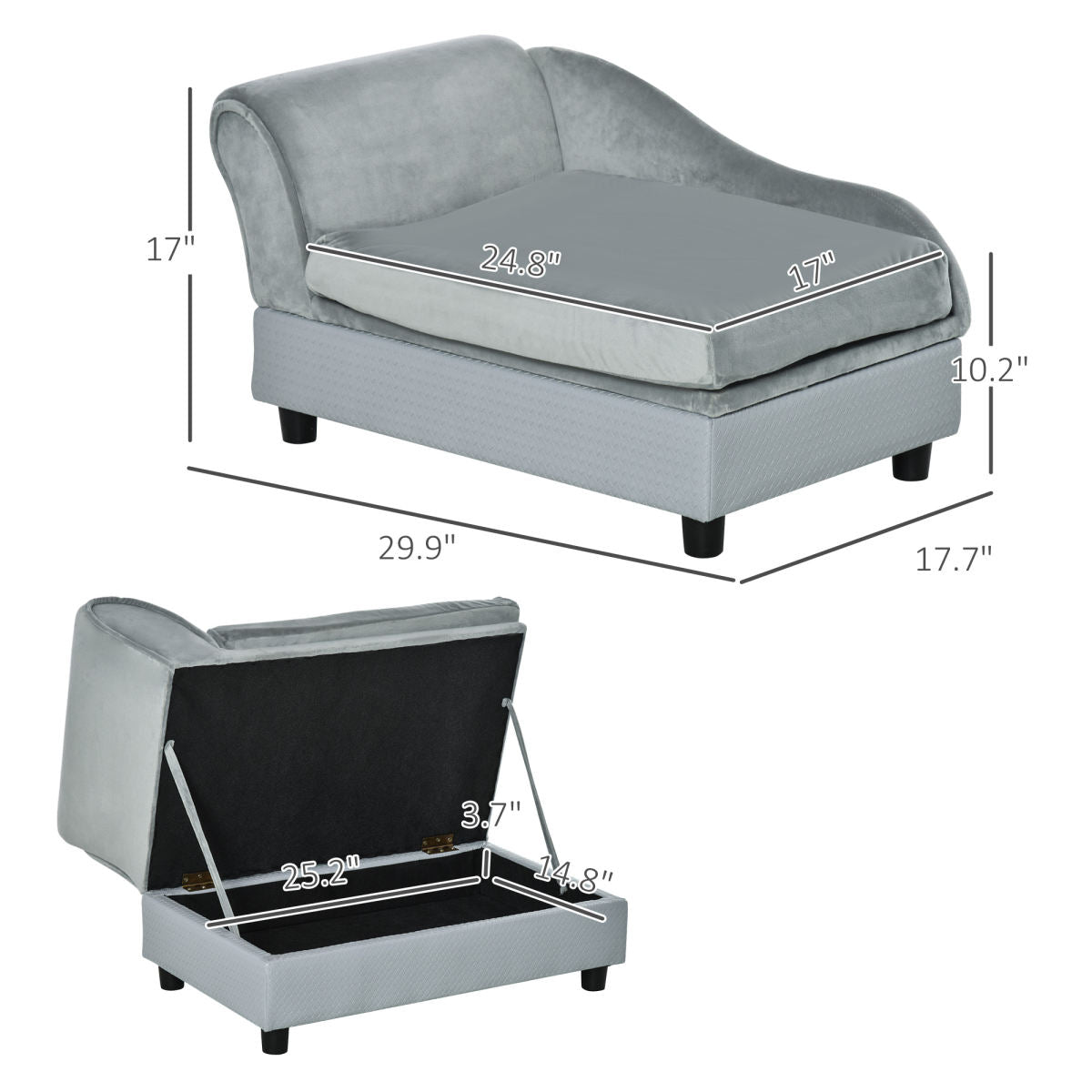 Luxury Fancy Dog Couch With Hidden Storage, Small Dog Sofa Bed With 2" Soft Foam, Modern Pet Furniture For Puppies & Little Breeds, Pale Gray