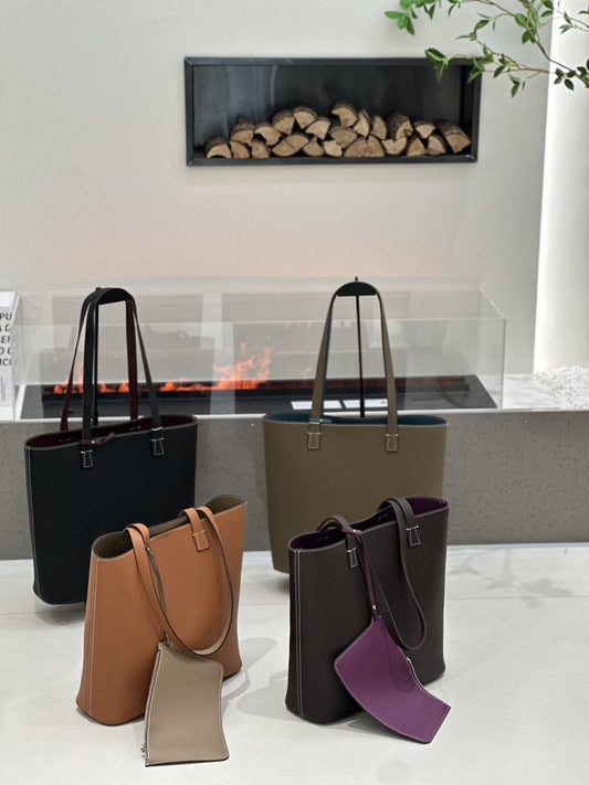 2026 New Korean Style Double-Sided Shoulder Bag TC Top Layer Cowhide Bucket Bag Large Capacity Open-Top Underarm Bag
