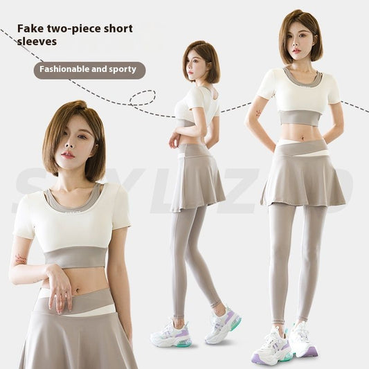 Fake Two Pieces Short Sleeve Quick-drying Bra Pilates Exercise Workout Outfit